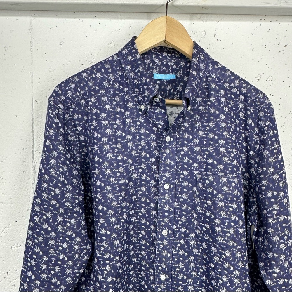 J. McLaughlin Men's Medium Blue Palm Tree Cotton Long Sleeve Button Down Shirt - Picture 4 of 12